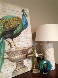 Peacock picture, cross, lamp, and small glass peacock