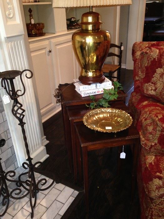 Stack table used as end tables; 1 of 2 urn shaped brass lamps