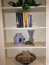 Bookends, vases, and silver plate tray
