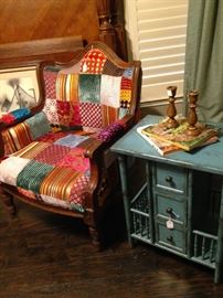 Fun patchwork chair; darling robin egg blue side table