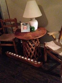 Wooden chairs and table; long candle holder