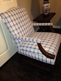 Blue and white arm chair
