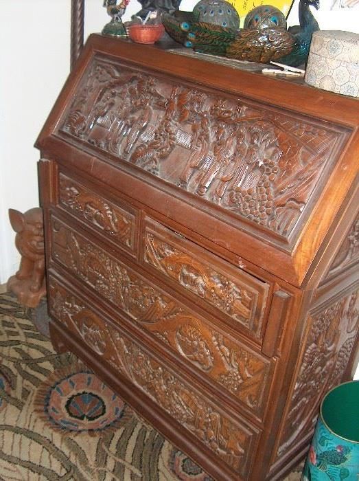 fold top secretary desk; teak; carvings! over 40 yrs old