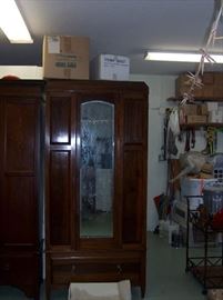 English wardrobe - antique with 1 mirrored door and 1 drawer at bottom - 6' tall; has locking key