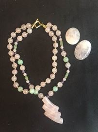 Pink Agate with Green Jade Necklace and Earrings
