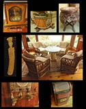 Unique decorative items including Victorian music box, antique drum tables, tin coal bin Asian and Mexican accents, lovely and comfortable rattan sunroom seating.
