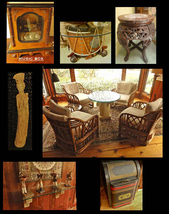 Unique decorative items including Victorian music box, antique drum tables, tin coal bin Asian and Mexican accents, lovely and comfortable rattan sunroom seating.