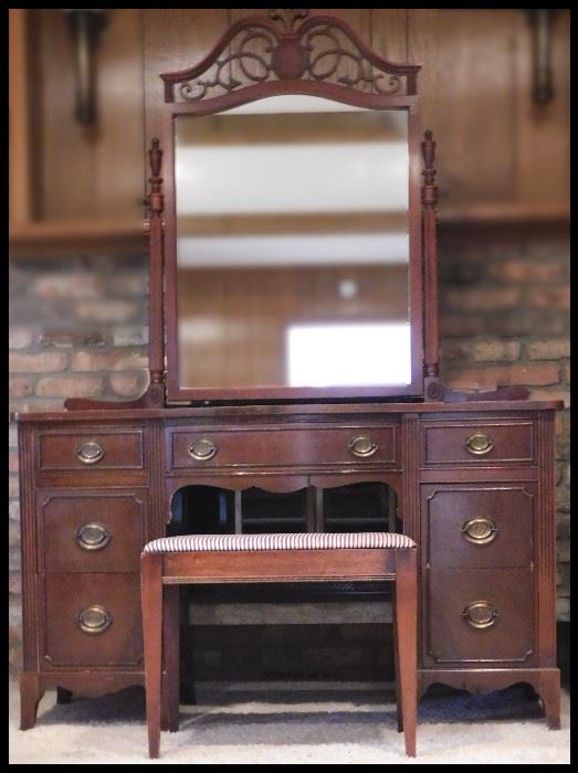 Vintage Mahogany Vanity with mirror and bench 50h x 32w x 18d