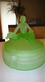Art Deco, Green glass powder jar,  Lady Figurine