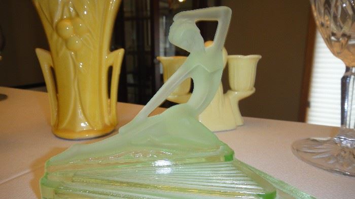 Art Deco,  Nude Figurine, Green Glass