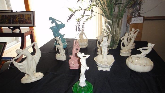 Art Deco Porcelain Lady Figurines, Flower Frogs 