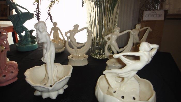 Art Deco Porcelain Lady Figurines , Flower Frogs 