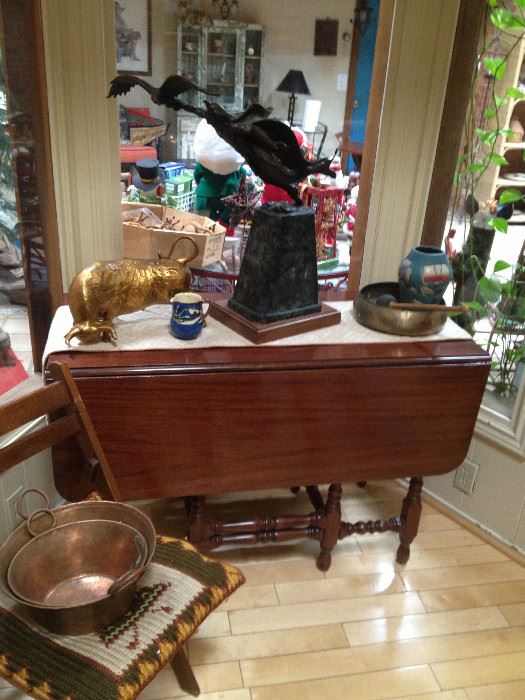 Huge Lincoln Fox Bronze, Drop Leaf Table, Old Copper Pots