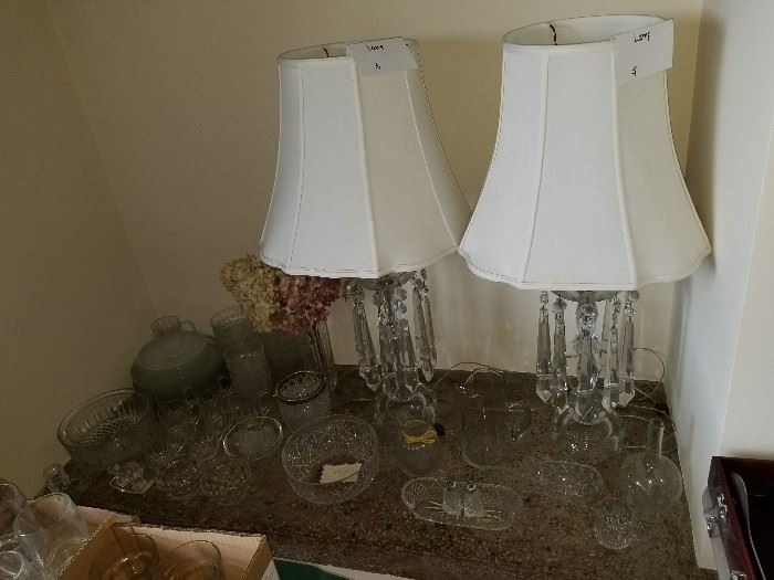 Crystal Lamps unmarked with Pendants hanging from a crystal Bobeche arcoroc clear glassware, atlantis crystal bowl