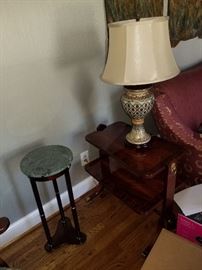 Baker Furniture Ornate Two Tiered Side Table ==> $750; Cloisonné Lamp; Bombay granite top table 