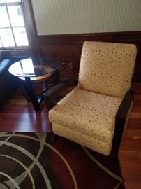 Round Glass Top occasional side table; Upholstered Side Chair