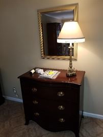 Baker Furniture 3-drawer chest; Brass lamp; beveled square framed mirror