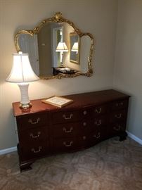 Baker Furniture Company Dresser, Gilded beveled mirror, Lenox Lamp