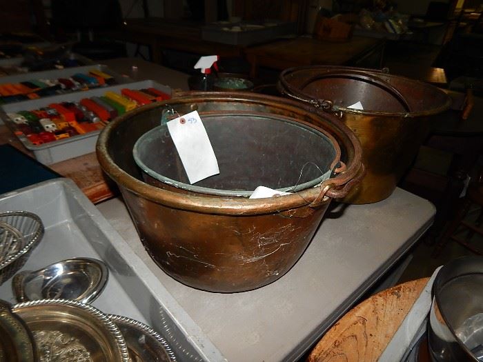 copper and brass large jelly pots, pans