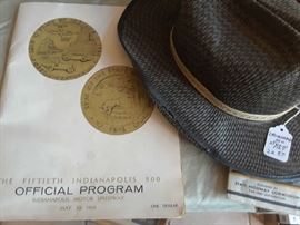 Hat and program from the Indianapolis 500. Framed flag not shown.