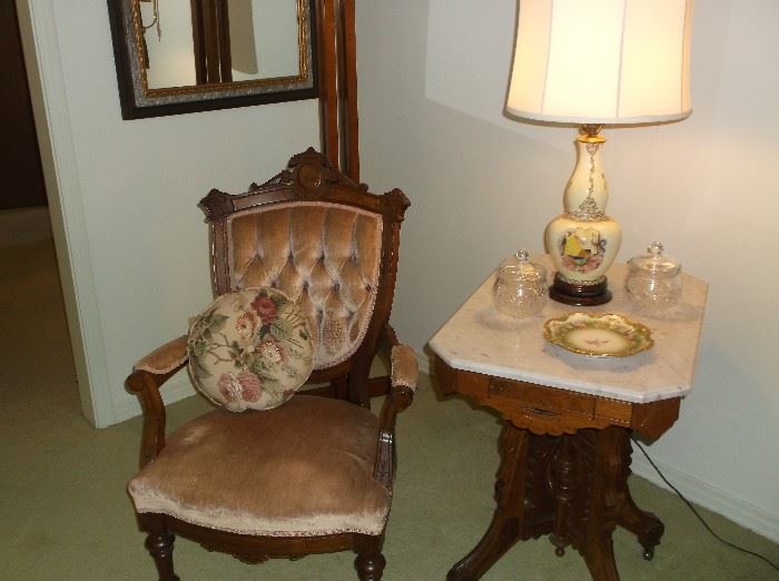 Eastlake parlor chair and marble top table