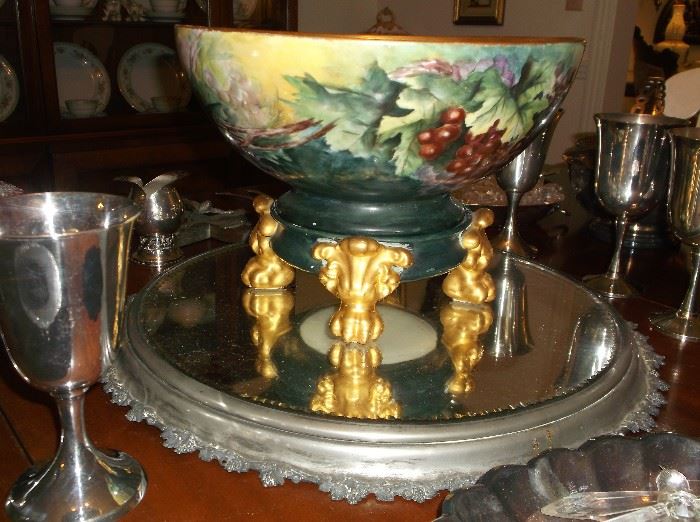 Handpainted porcelain punch bowl & pedestal on mirror plateau
