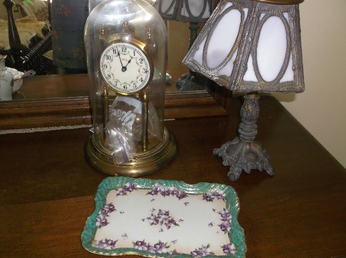 Pair of slag glass lamps and anniversary clock