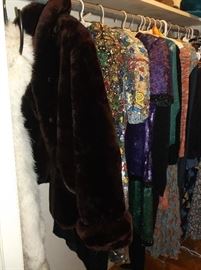 Vintage clothing:  natural fox stole, faux fur jcaket, sequin and beaded dresses