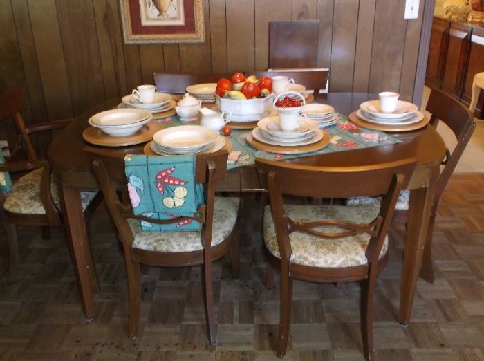 Med-century dining table and six chairs