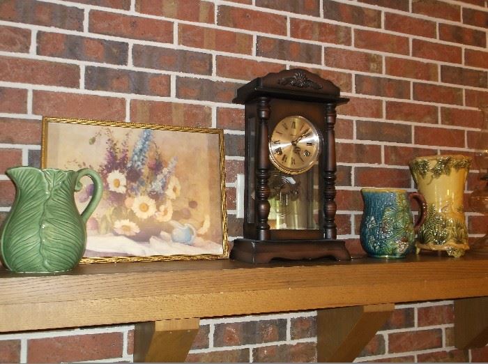 Majolica pitchers and mantle clock  