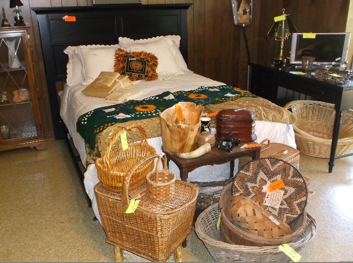 Zulu basket and other baskets; queen size bed and desk