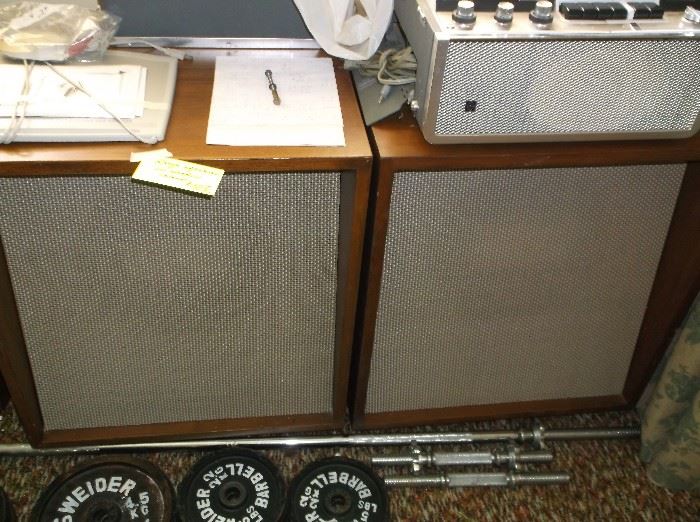 Large speakers, National stereophonic reel to reel, and Weider barbell set