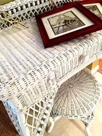 Uber Cute White Wicker Desk With Drawer and Matching Stool...