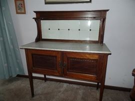 Love it! Antique kitchen cabinet w/marble top, can be used as a buffet