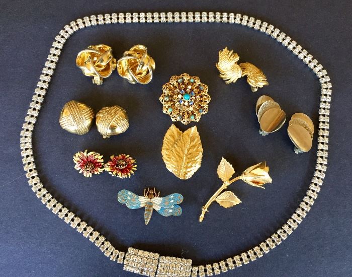 Vintage pins, earrings and belts