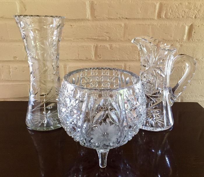Vintage cut glass vase, pitcher and bowl