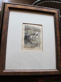 Framed etching by Renoir entitled "Pinning the Hat"