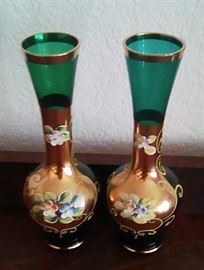 vintage hand painted emerald vases