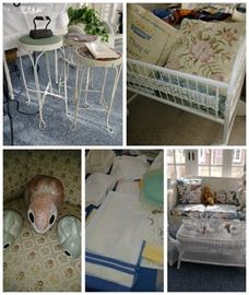 ice cream stools, wicker bassinet, linens, vintage wicker