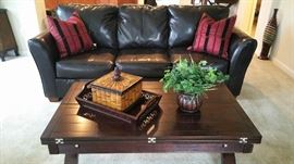 Another shot of sofa and coffee table.  Table is very unusual - has hinged on both sides that allow the top to fold down making a large square for additional space 