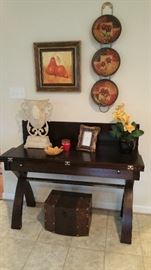 sofa table - matches coffee table.  Leaves fold down on either side to make large square table for more space.  Accessories