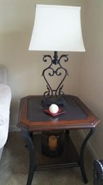 One of pair of end tables with leather inlay - pair of matching lamps