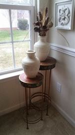 Pair small metal painted tables with pottery