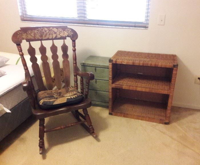 wicker stand and wooden rocker