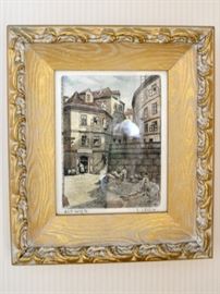 Framed etching on silk