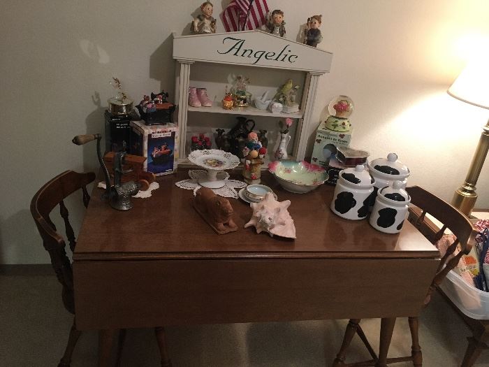 Hale Harvest Dropleaf Kitchen Table with 4 chairs! Music boxes and figurines and cow-theme cannisters!