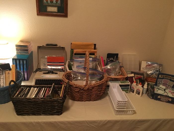 Assorted office supplies, CD's, Bible on Cassette and VHS!