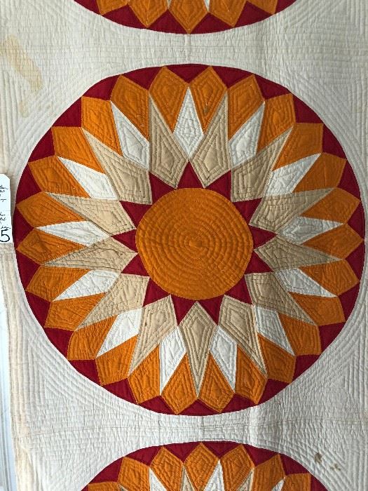 Enjoy this view of the sun!  Very fine southern, attributed to Macon G.A. area 19th C.  9 block sunburst pattern quilt.  Overall good estate condition, minor soiling, and color run to center block.