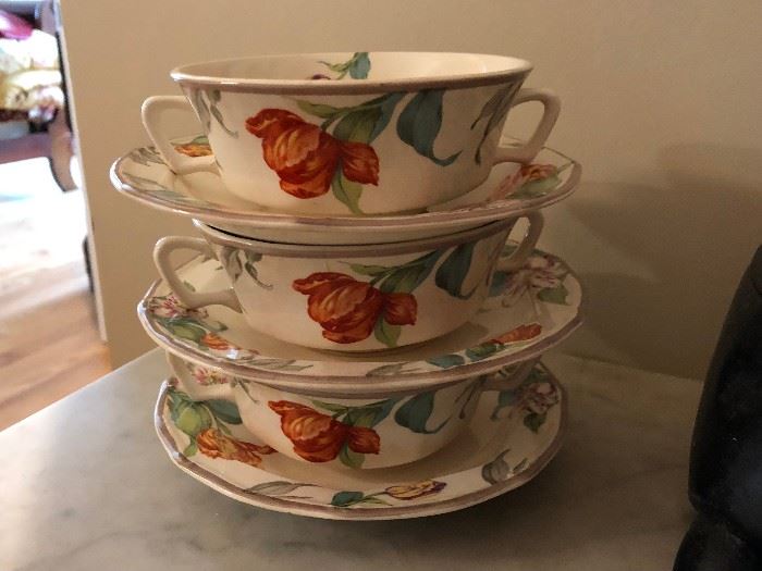 3 Taylor Smith & Taylor Cream Soup Bowls and Liners in a Shaggy Tulip Pattern Circa 1930