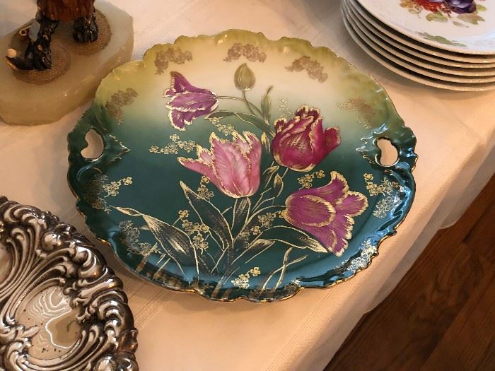 19th C. Hand Painted Cake Plate with Gold Accents 